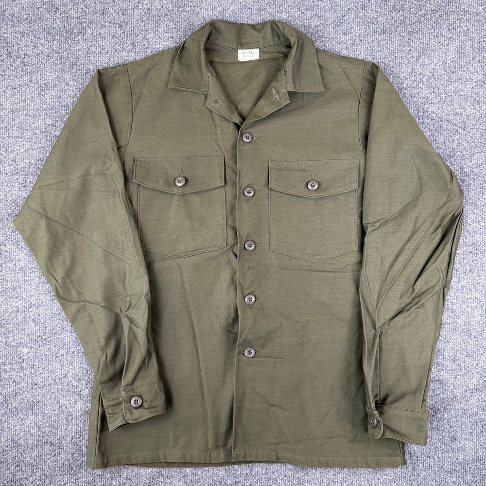 VTG 70s US Military OG-107 Utility Shirt Mens 15.5 L Green Sateen Vietnam Unworn